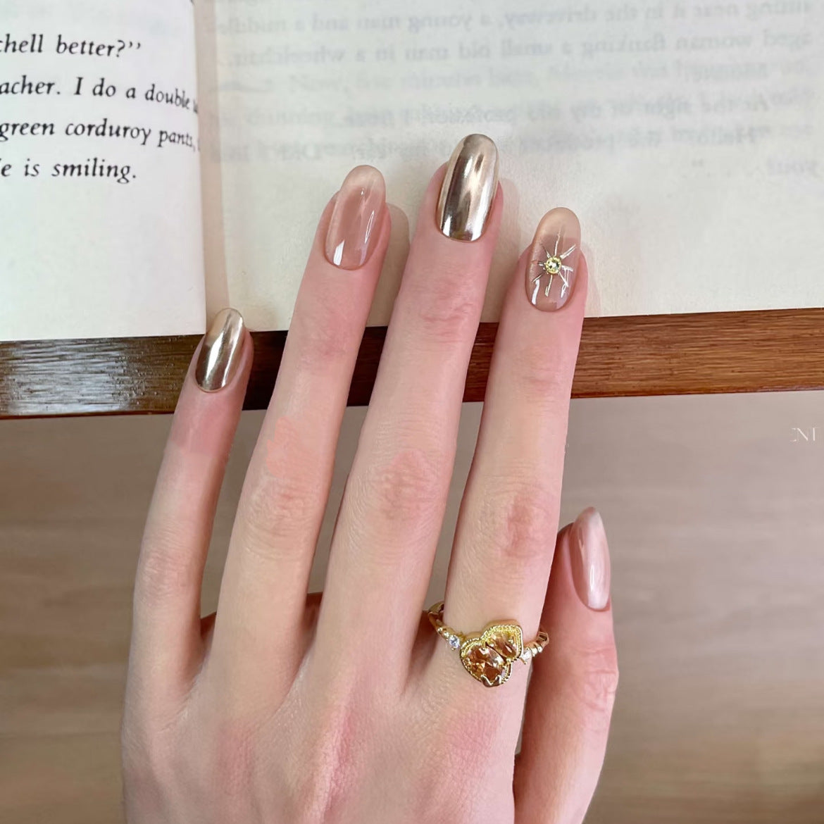 [Gilded Fragmented Gray] Nude Cat's Eye Champagne Magic Mirror Pink Pure Handmade Wear-On Nail H137 Style with Box Tool Bag
