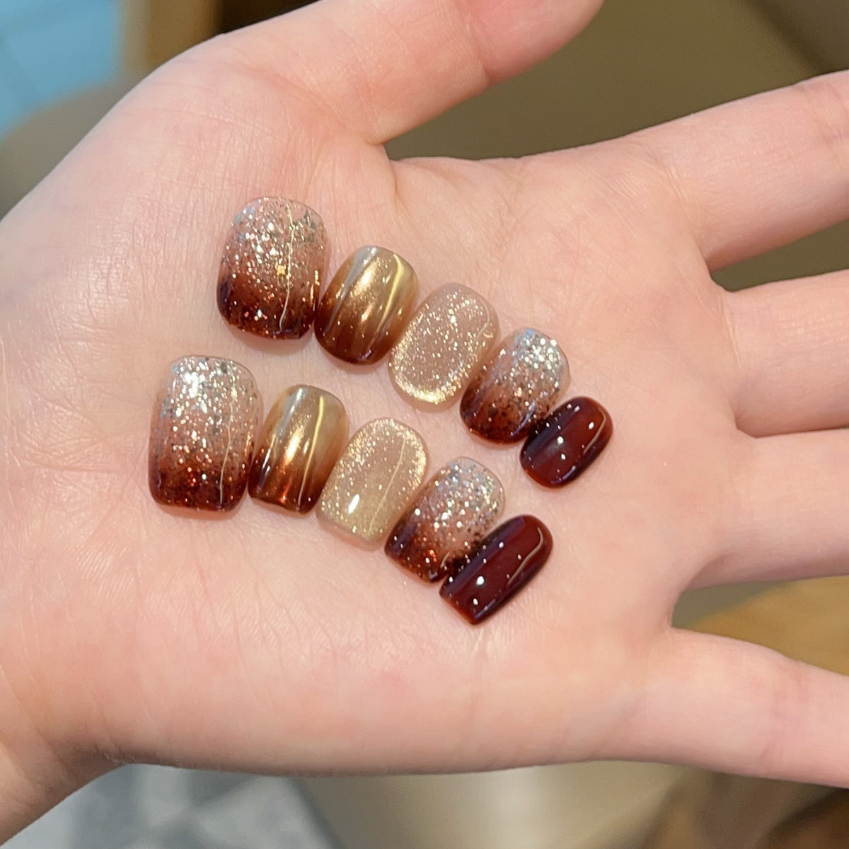 [Maitian] Brown Cat's Eye Coffee Gradient Sparkling Pure Handmade Wear-On Nail J544 Model with Box Tool Bag