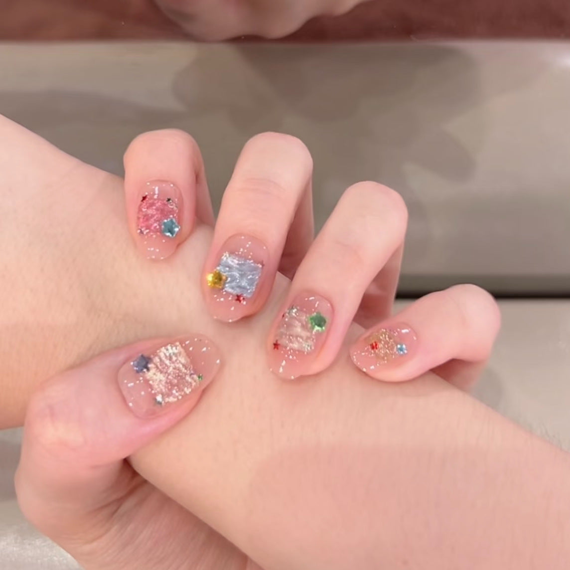 [Colorful Sugar Ice Cube] Colorful Aurora Cat's Eye Zircon Star Handmade Wear-On Nail 707 Style with Box Tool Bag