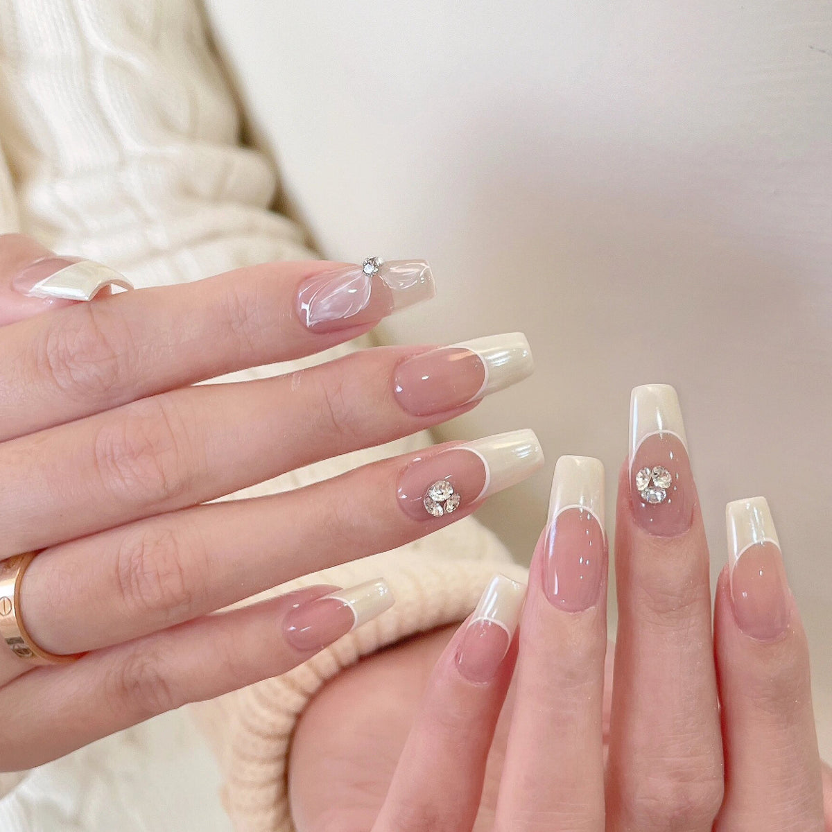 Creamy Wind Moonlight Pink French Style Brightening Pure Handmade Worn Nail Fake Nail Patches High-Quality Nail Art 18