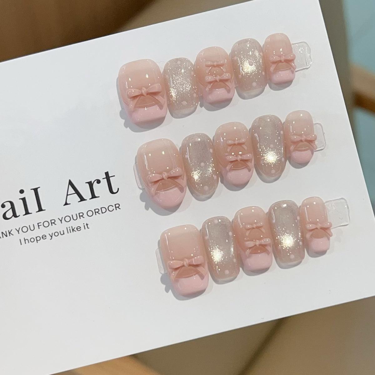 [Cute] Premium Pink Bow Pure Handmade Wear-On Nail H519 Style with Box Tool Bag