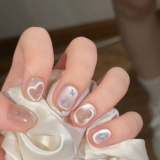 Heart-Moving Butterfly Nude Transparent Glass Bead Cute Small Short Nail, Pure Handmade Wear-On Nails B48 Crystal