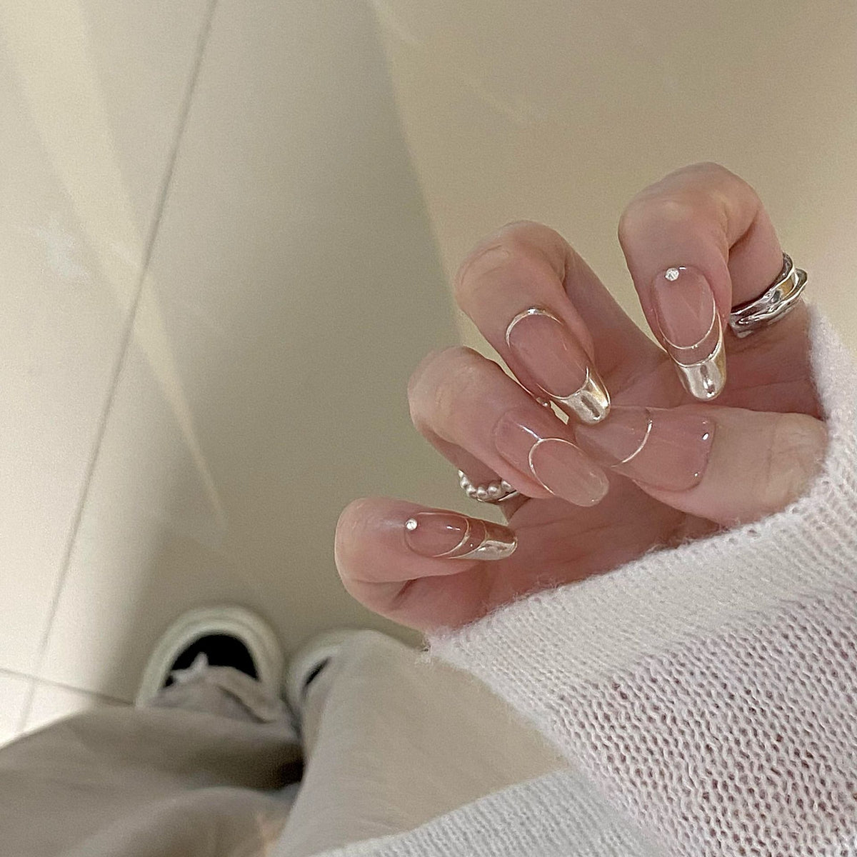 [God of Ambiance] Magic Mirror Pink Mirror French Nude Handmade Wearable Nail J27 Style with Box Tool Bag
