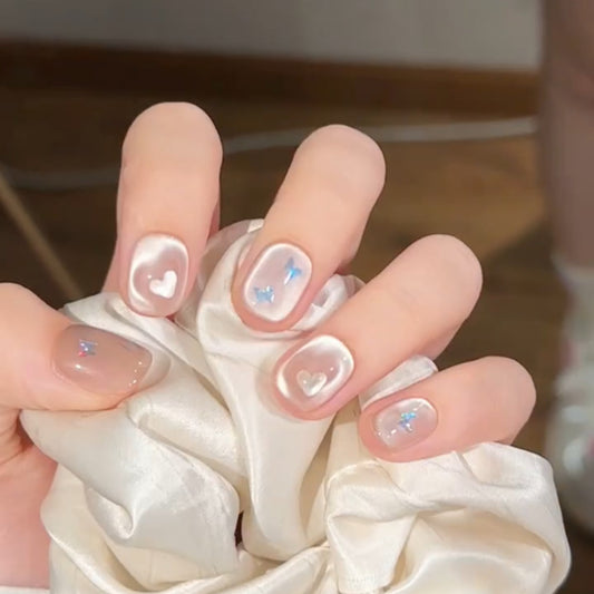 Heart-Moving Butterfly Nude Transparent Glass Bead Cute Small Short Nail, Pure Handmade Wear-On Nails B48 Crystal