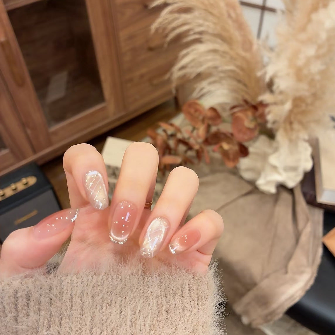 [Minimalism] Nude Blush, Cat Eye French Versatile Handmade Wear-On Nail J54 Style with Box Tool Bag