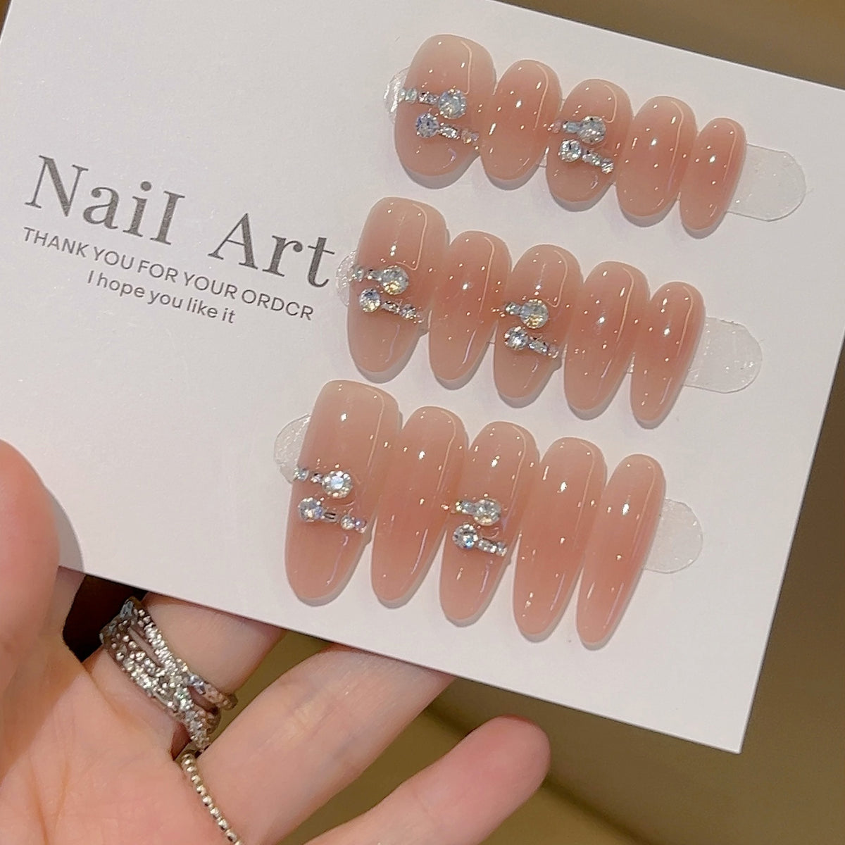 [Rose Crystal Ice Love] Huanhuan Blush with Diamonds and Precious Touch Pure Handmade Wear-On Nail 717 Style with Box and Tool Bag