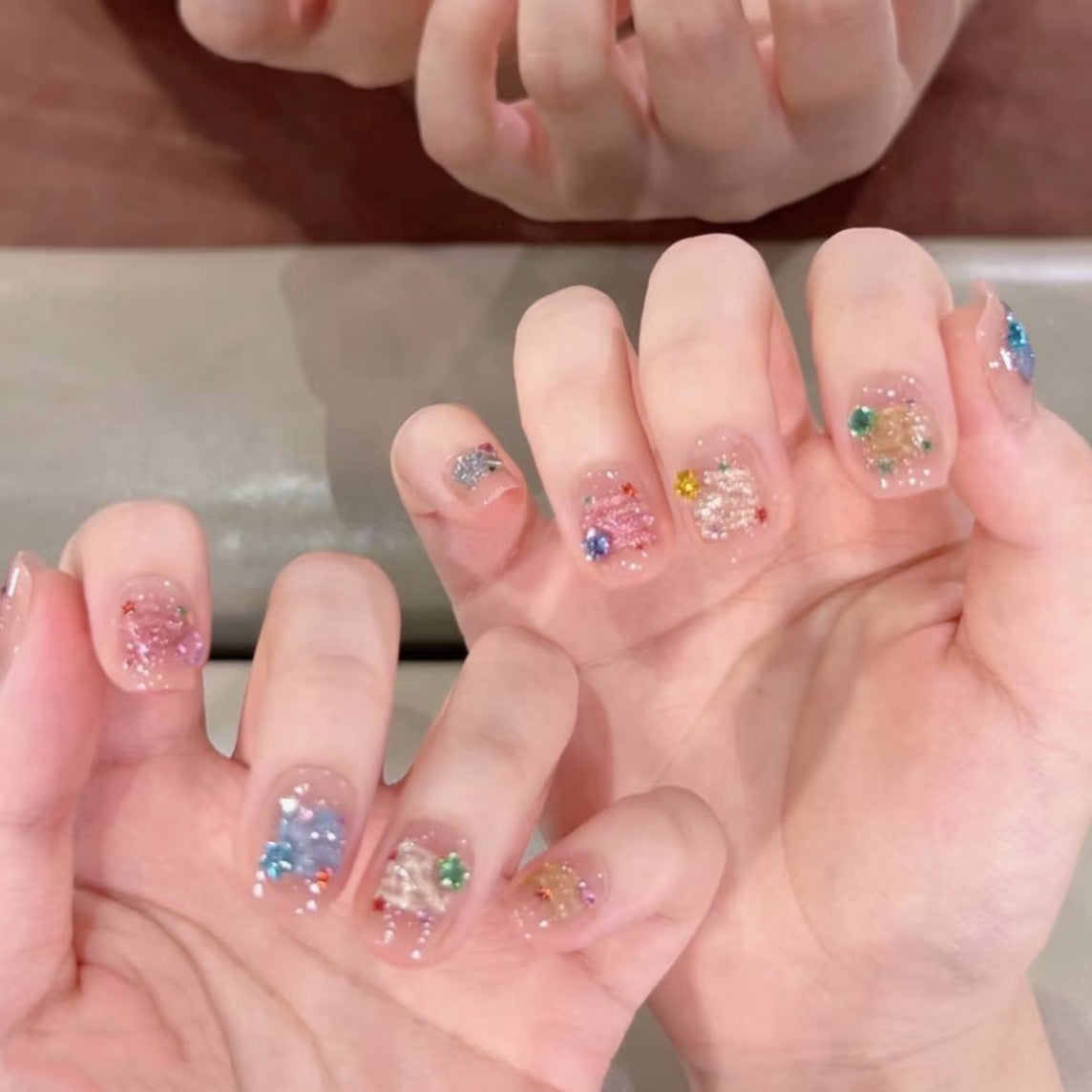 [Colorful Sugar Ice Cube] Colorful Aurora Cat's Eye Zircon Star Handmade Wear-On Nail 707 Style with Box Tool Bag