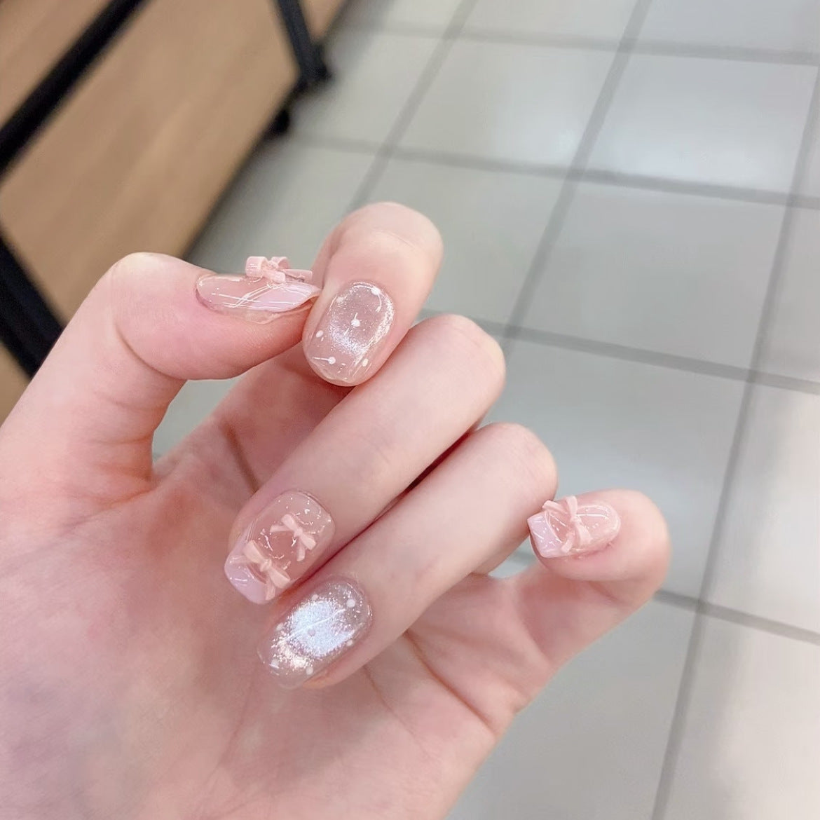[Cute] Premium Pink Bow Pure Handmade Wear-On Nail H519 Style with Box Tool Bag